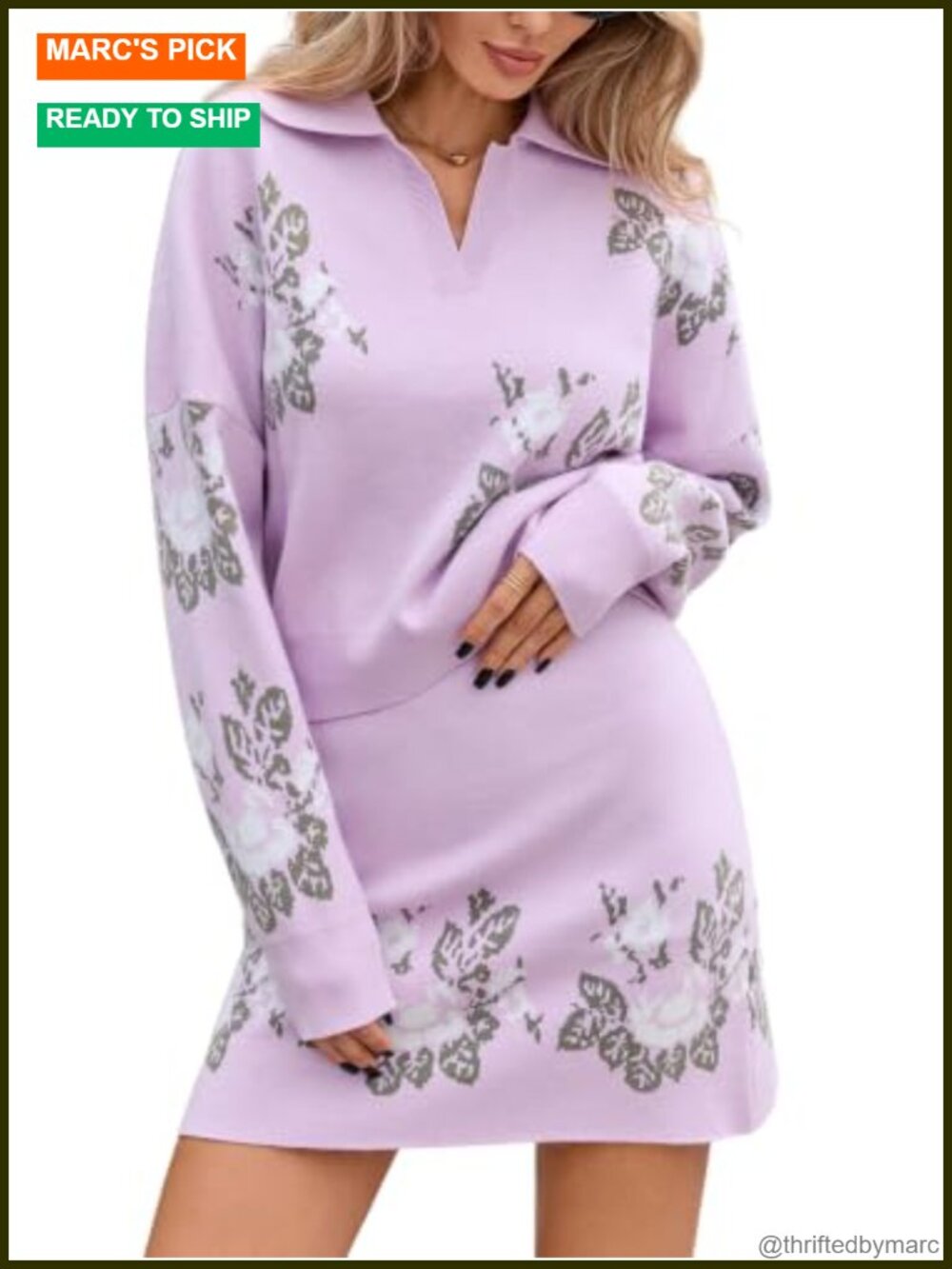 Floral Jacquard Knit Two Piece Sweater Set Collared V-Neck Mini Skirt